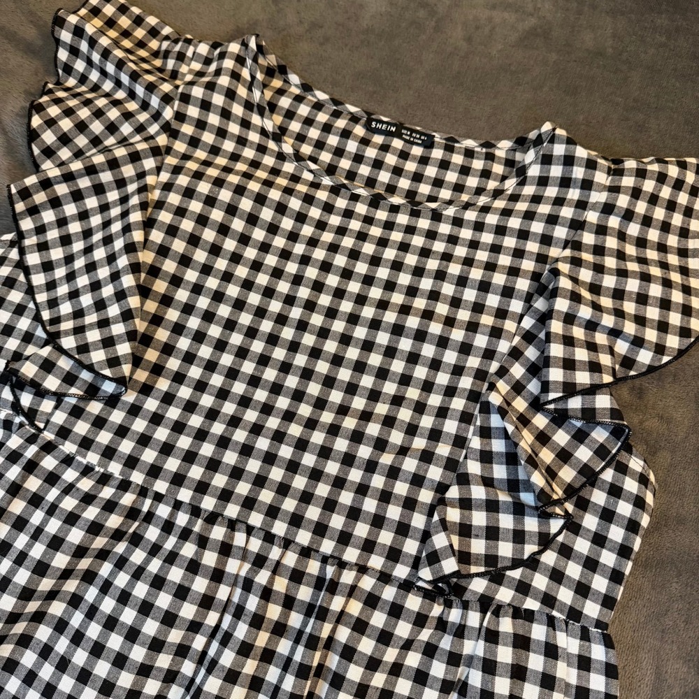 SHEIN Gingham Ruffle Smock Dress Womens Medium Black White Checkered